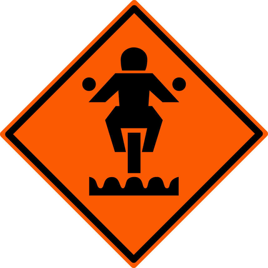 Orange warning sign with rider on a rough road